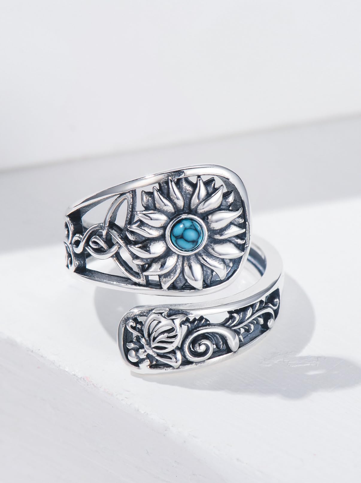 Midari Sunflower Spoon Rings for Women Sterling Silver Sunflower Turquoise Adjustable Flower Rings Spoon Jewelry for Women Christmas Birthday Gifts(Customization)