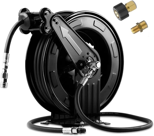 50FT x 3/8"Retractable Pressure Washer Hose Reel, Heavy Duty Steel Professional Power Wash Hose Reel with 5 ft Lead ，4000 PSI ，for Oil/Air/Water