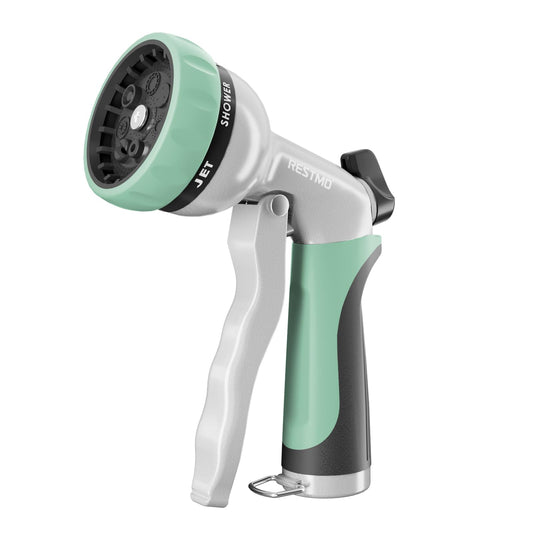 RESTMO Garden Hose Nozzle, Heavy Duty Metal Water Hose Nozzle with 7 Adjustable Spray Patterns, High Pressure Hand Sprayer with Flow Control, Best for Watering Plant & Lawn, Washing Car & Pet, Cyan