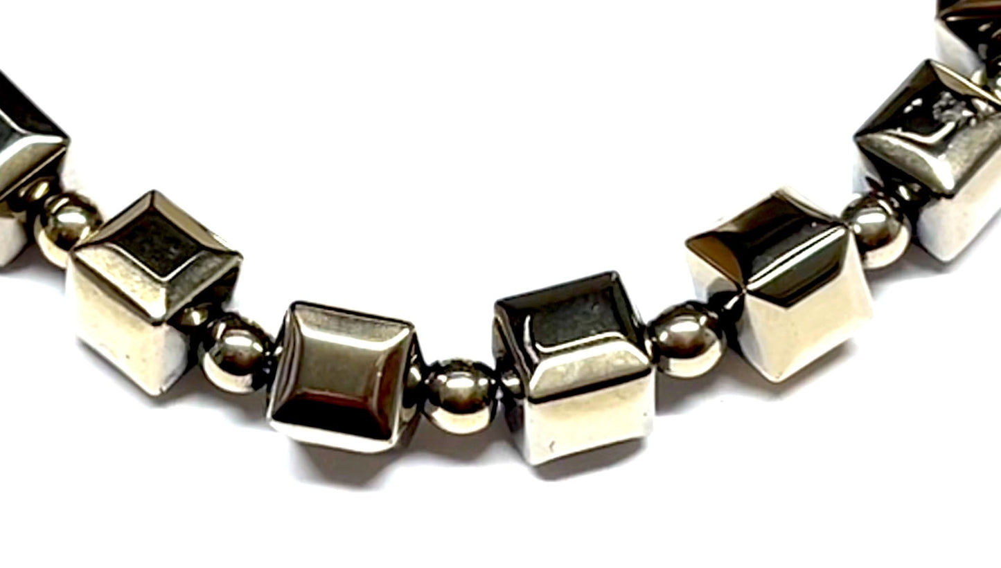 AWAKEN YOUR KUNDALINI Handmade Pyrite Stretch Bracelet – 8mm Cube and Round Beads – Leo Birthstone – Solar Plexus Chakra – Approx. 7 Inch Wrist Size