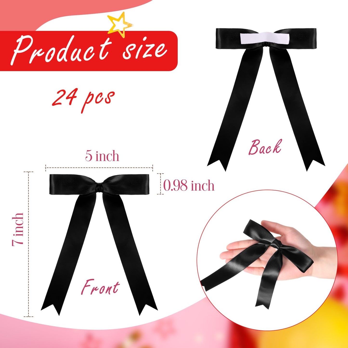 Riceshoot 24 Pcs Satin Ribbon Bows 5x7'' Self Adhesive Stick on Premade Satin Bows with Double Sided Tape for Gift Wrapping DIY Crafts Decor Wedding Bridal Birthday Balloons(Black)