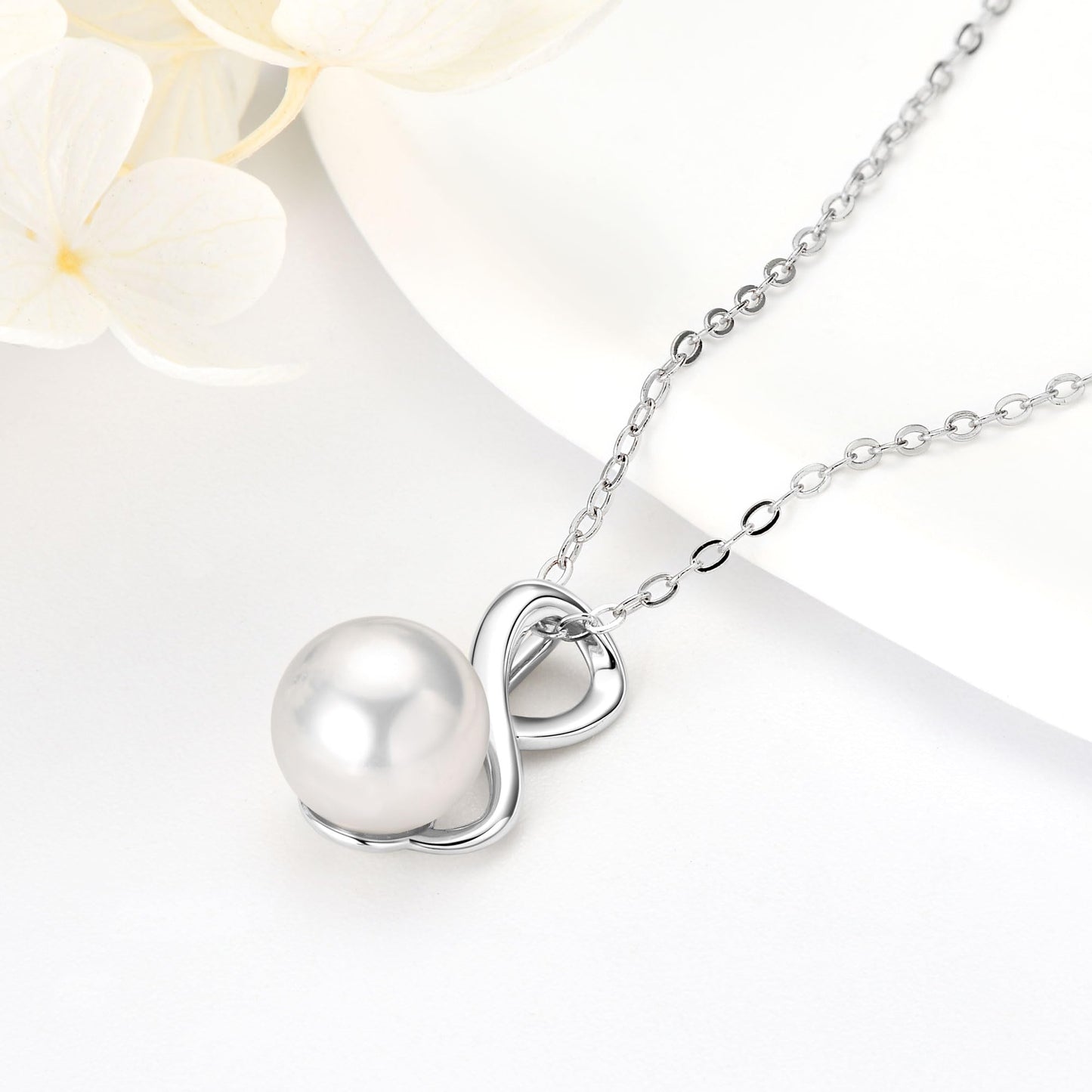 DENGGUANG Sterling Silver Infinity Pearl Necklaces for Women, Freshwater Cultured White Pearl Pendant Necklace Wedding Jewelry Gifts for Bride Bridesmaid