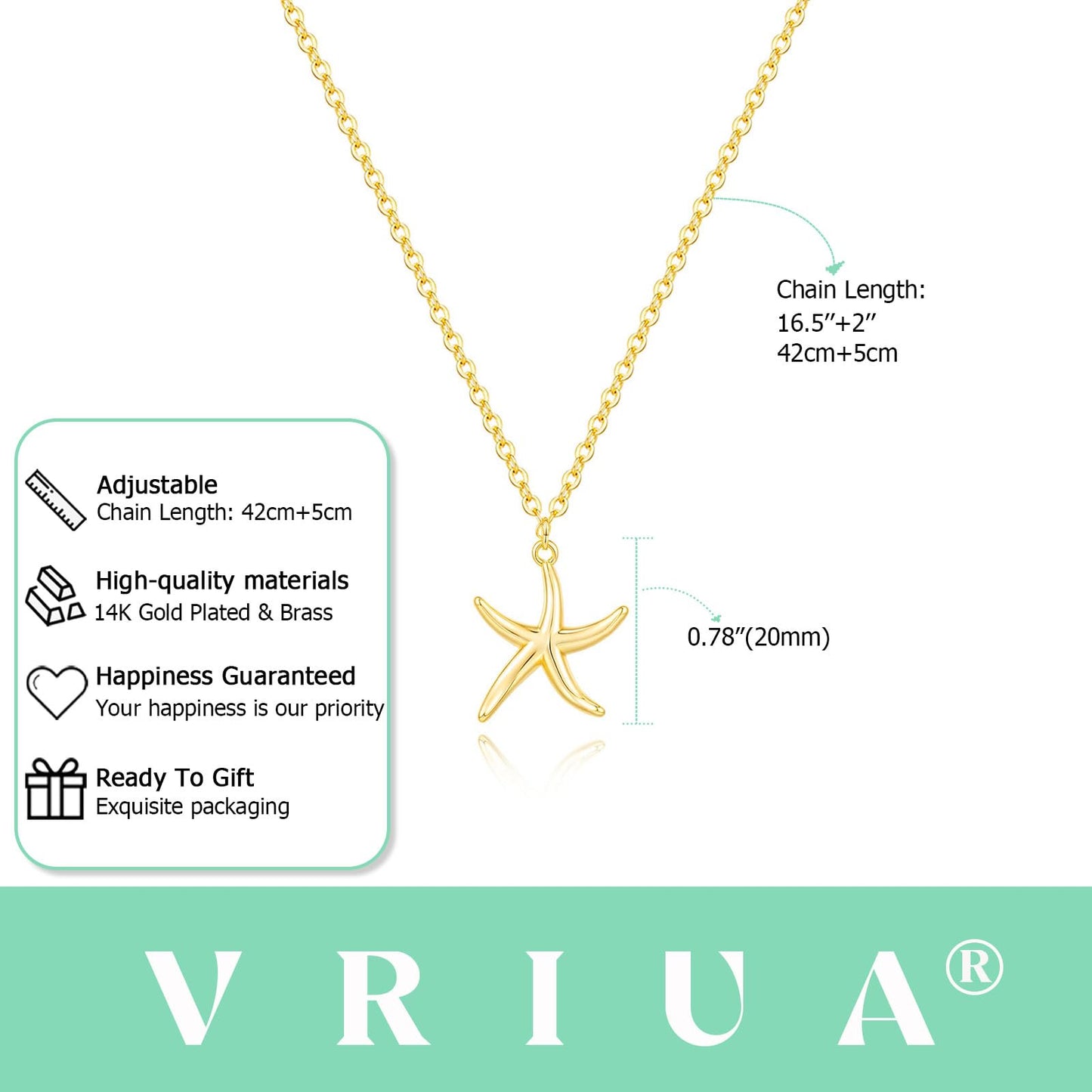 VRIUA Starfish Necklace for Women – 14K Gold Plated Starfish Necklace – Dainty Ocean Beach Jewelry Gift