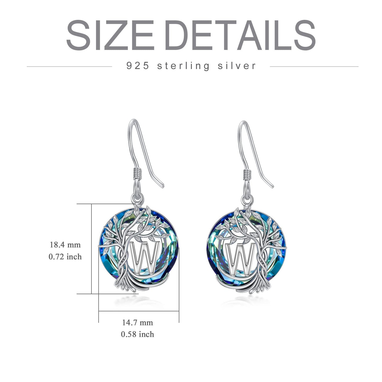 TOUPOP Tree of Life Initial Earrings Sterling Silver Initial W Letter Drop Dangle Earrings Blue Circle Crystal Family Tree Jewelry Birthday Mothers Day Gifts for Women Mom Her