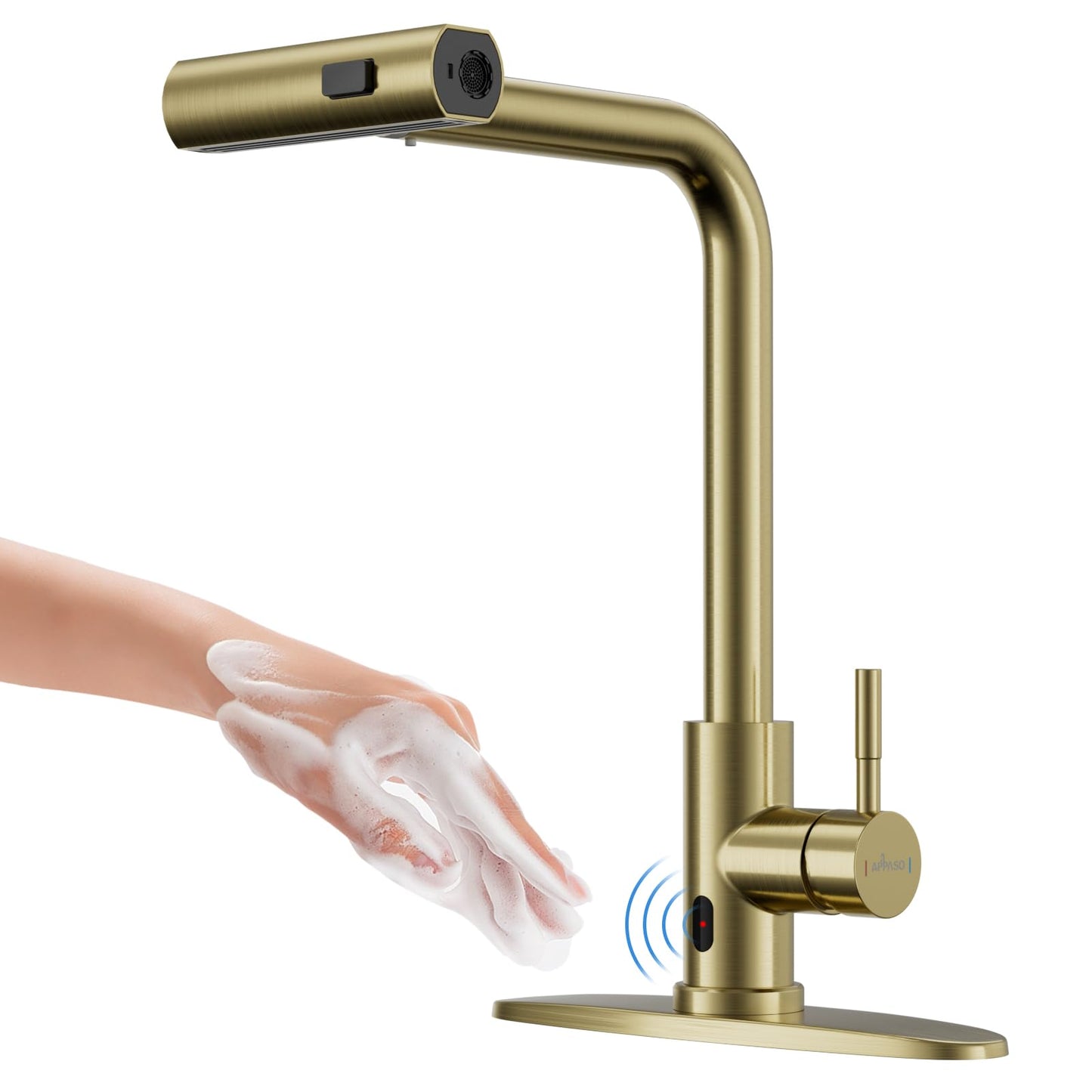 APPASO Gold Touchless Kitchen Faucet with Pull Down Sprayer, Waterfall Motion Sensor Kitchen Sink Faucet with SUS304 Stainless Steel Single Handle Hands-Free Brushed Gold