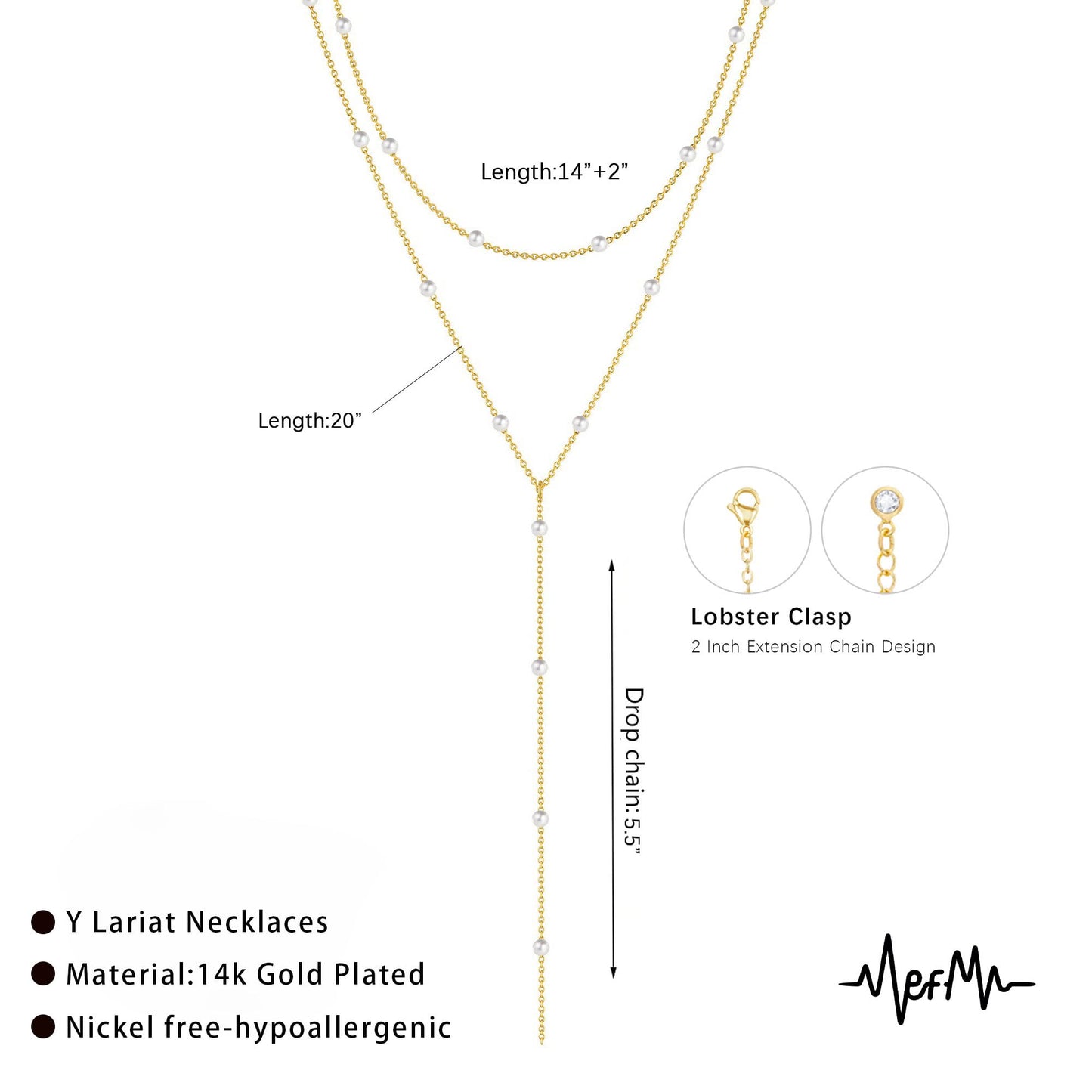 Zeffy Dainty Long Gold Necklaces for Women Trendy Pearl Lariat Y Necklace 14k Gold Plated Layered Beaded Drop Necklaces Simple Handmade Bar Pearl Pendant Y-Shaped Chain Jewelry Gift Wedding
