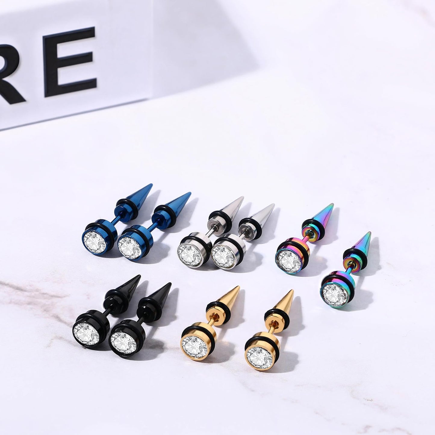 Aroncent 5PCS Spiked Stud Earrings for Men, Fake Gauge Fake Earrings Stainless Steel Spike Faux Taper Stud Earrings for Men Women Fashion Jewelry Piercing
