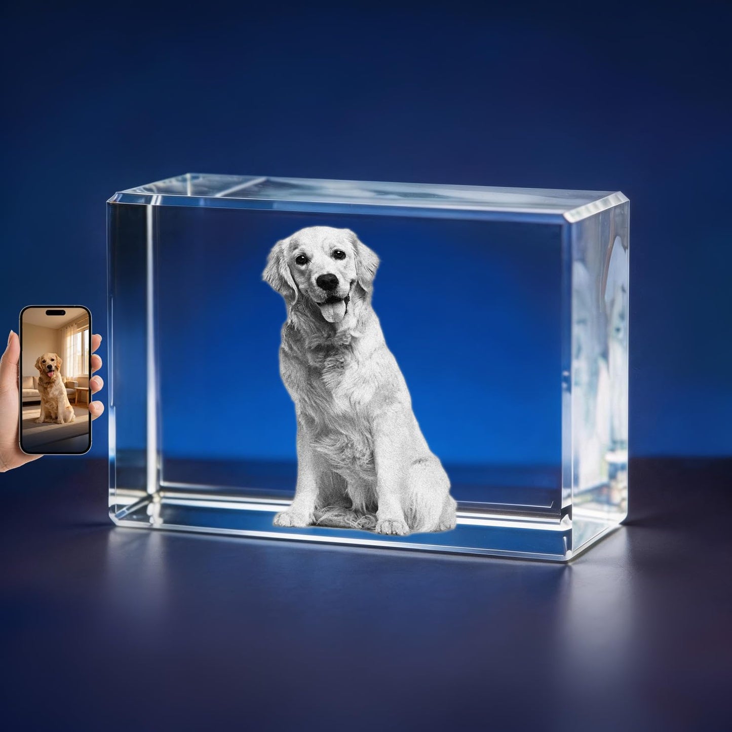 P&L ART. Custom 3D Crystal Photo Personalized Memorial Gifts, Laser Engraved Glass Remembrance Picture Frame with LED Base for Pet Dog Cat Loss (Rectangle S/M/L/XL)