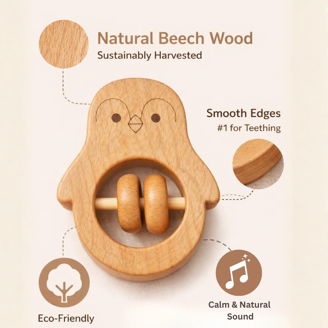 Voofy Wooden Baby Rattle Set (5pcs) – Montessori Infant Grasping Toys for 0-12 Months, Natural Non-Toxic Sensory Development Toy, Eco-Friendly Shaker Organic Baby Shower Gift for Boys & Girls