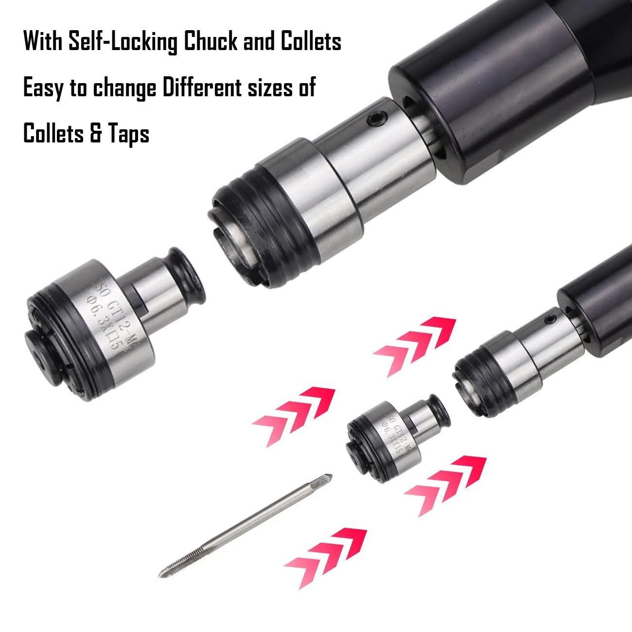 Cordless Tapping Gun Battery Operated Threading Machine, Electric Tapper Handheld Drilling Threading Gun with ANSI Collets for M4-M12 Taps, Protective Chucks, Automatic, Portable with 5.0Ah Battery