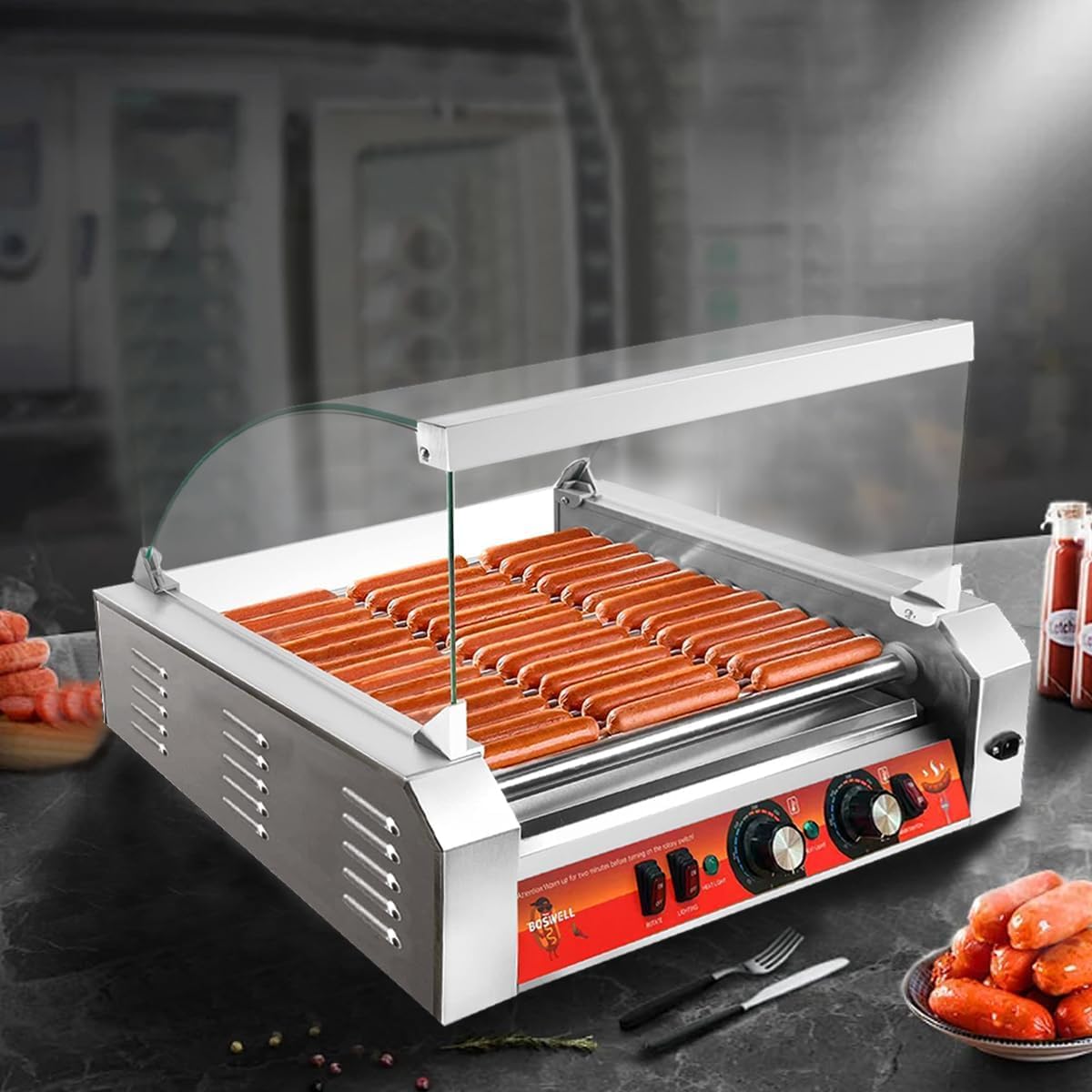 1700W Hot Dog Rollers,30 Hot Dog Capacity 11 Non-stick Stainless Steel Rollers,Hot Dog Machine With Dust Cover,Hot Dog Roller Machine With Dual Temp Control And Led Light/Detachable Drip Tray (sliver)