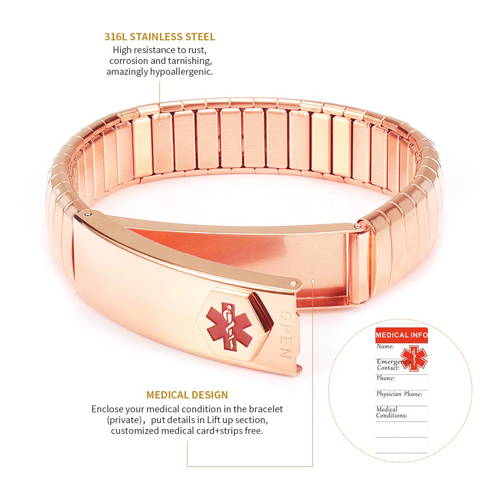 EnerMagiX Medical Alert Bracelets for Men Women, Medical Id Bracelets Elastic Stainless Steel Personalised (Put Details in Lift Up Section, Customized Medical Card+Strips Free) (Rose,7.08'')