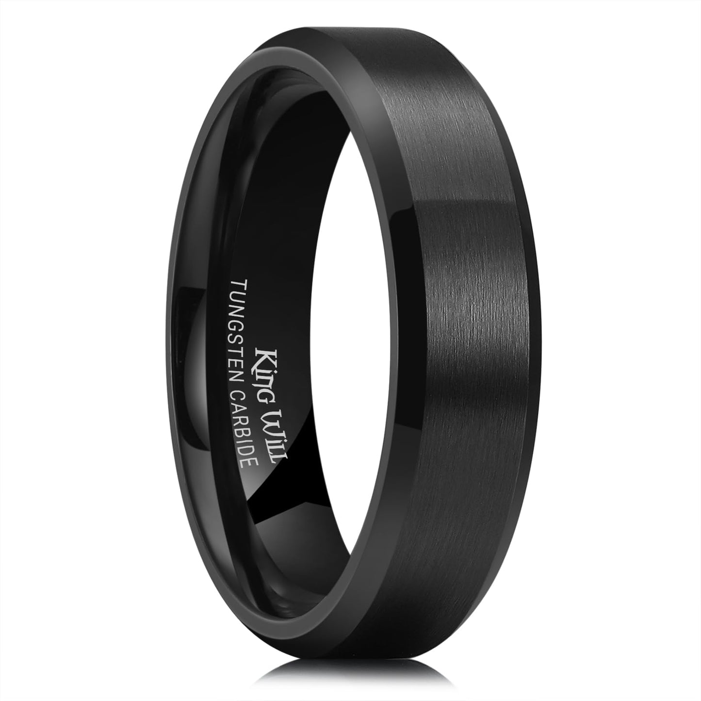 King Will 6mm Men's Black Wedding Ring - Brushed Matte Surface, Beveled Polished Edge, Comfort Fit Size 5