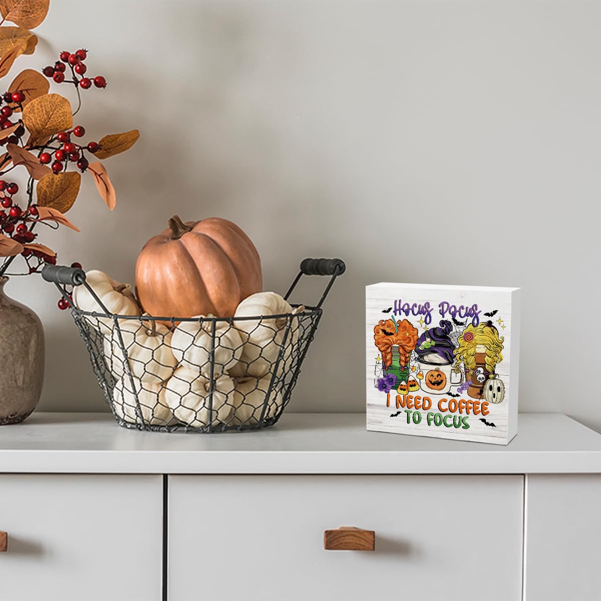 Halloween Coffee Decor Gifts for Women Sister Hocus Pocus Halloween Wood Decorations Sign for Home Farmhouse Office Bathroom Desk Shelf 5 x 5 Inches
