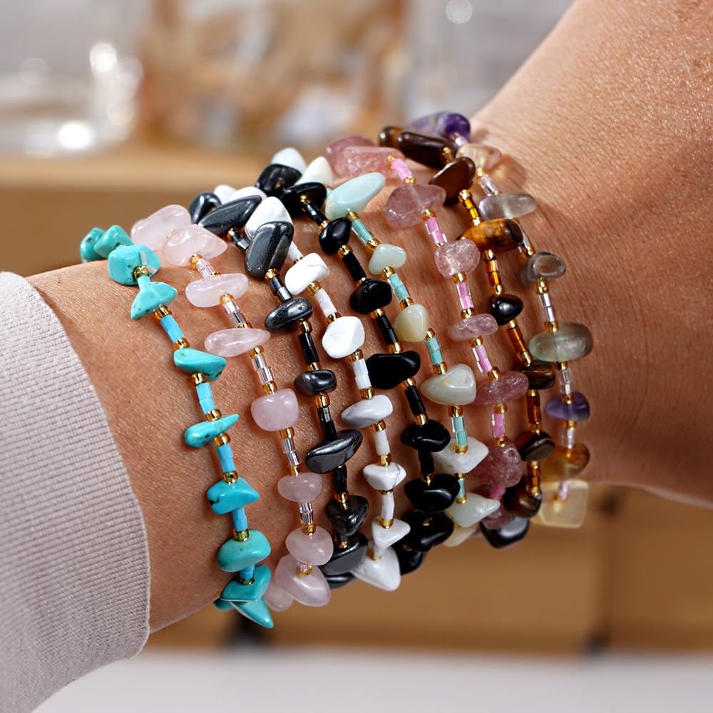 SHINUS BOHO Healing Natural Crystal Beaded Stretch Bracelet for Women,Handmade Boho Irregular Hematite Energy Stones Grounding Protection Strength Bracelet Summer Beach Fashion Jewelry Gift Friendship