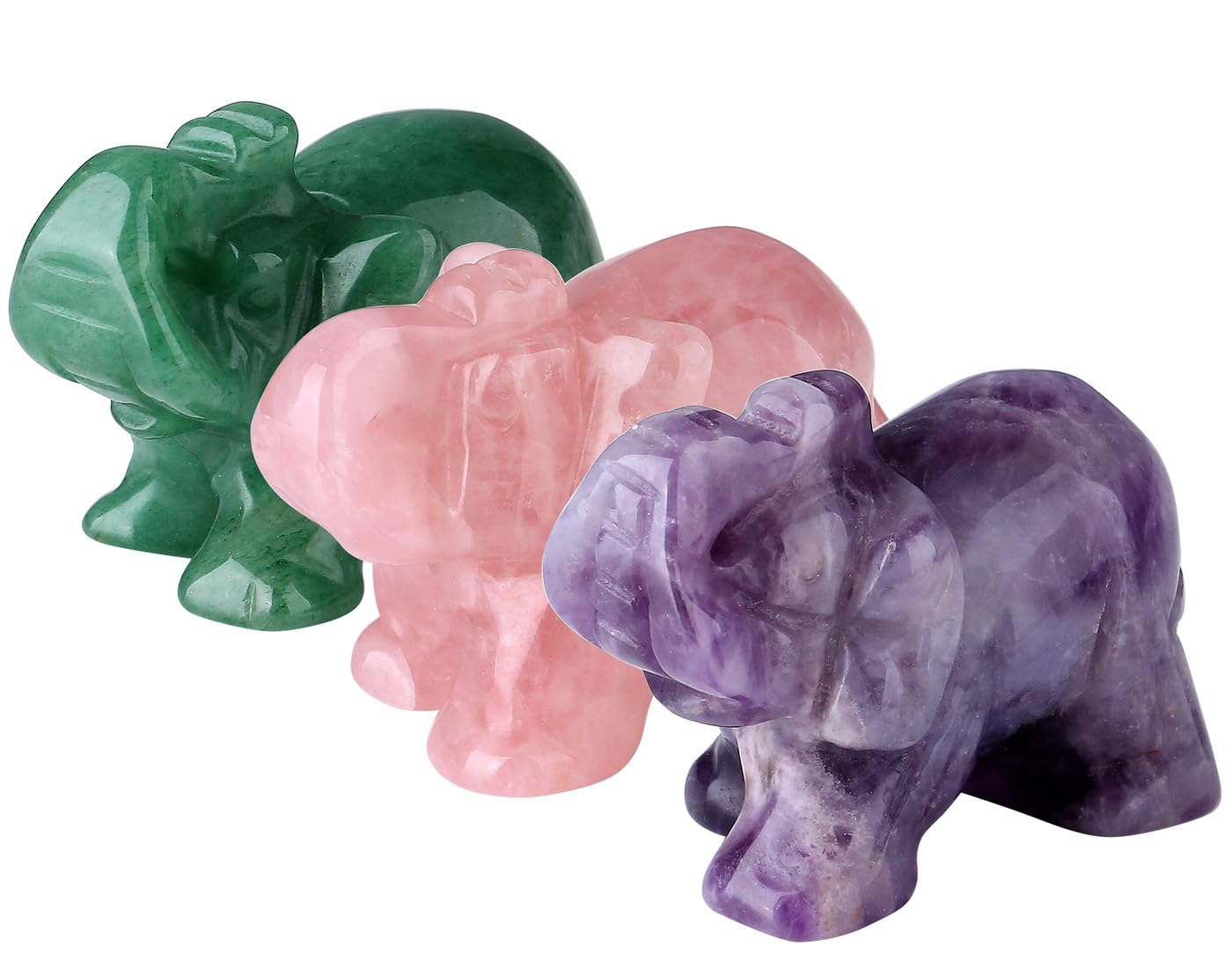 QINJIEJIE 3PCS Elephant Decor Amethyst Statue Crystals Rose Quartz Green Aventurine Cute Desk Stones Statue Gemstones Decoration Room Office Decor Pocket Spiritual Gem Gift for Women 1.5