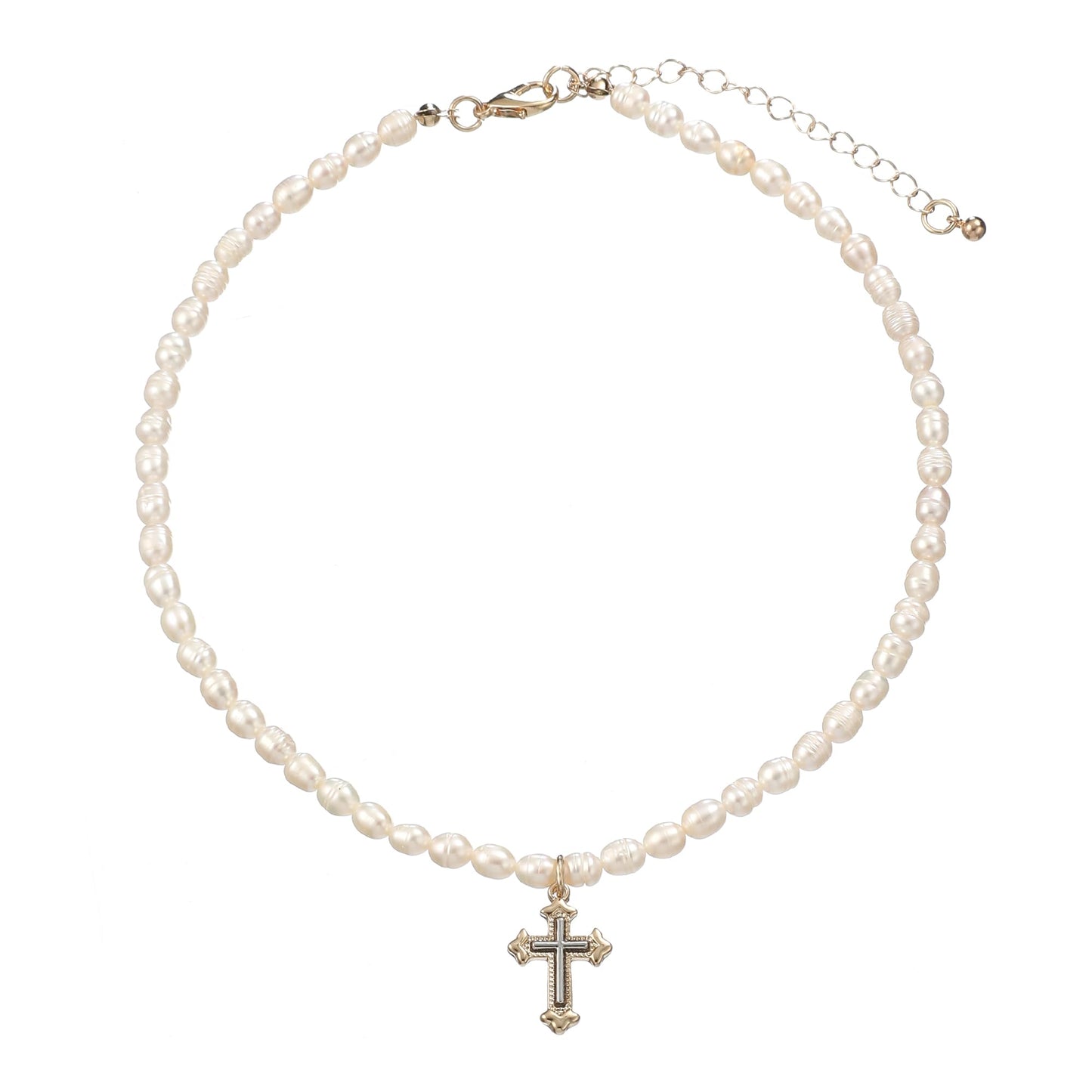 wgoud Natural Freshwater Pearl Choker Necklace for Women, Trendy 14K Gold Plated Pearl Necklaces Handmade Jewelry Gift (Cross Two-tone)