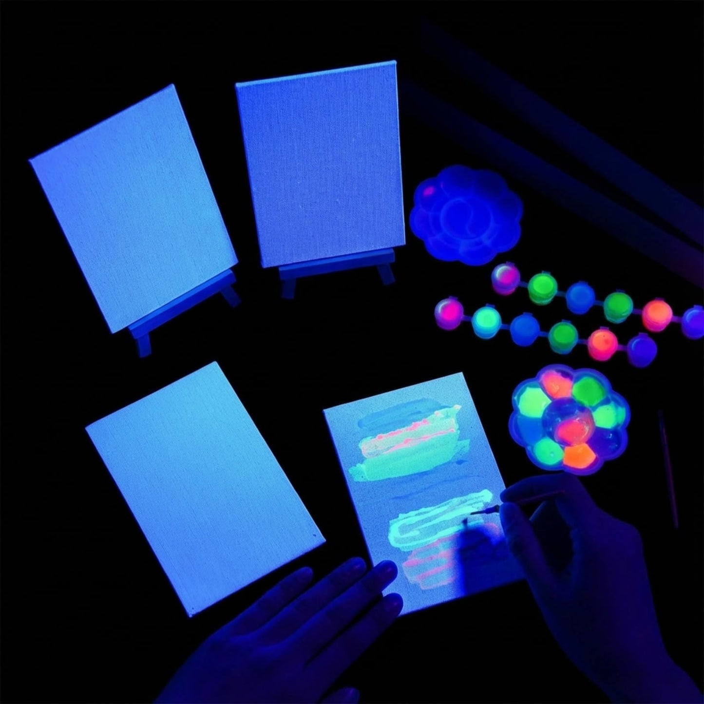 Tosstuki 24 Set Glow in the Dark Party Supplies Glow in Dark Paint Kit 3.9" x 5.9" Canvas for Painting with Wooden Easel Paint Brush Kit for DIY Crafts Rainbow Light up Birthday Luminous Party Favors