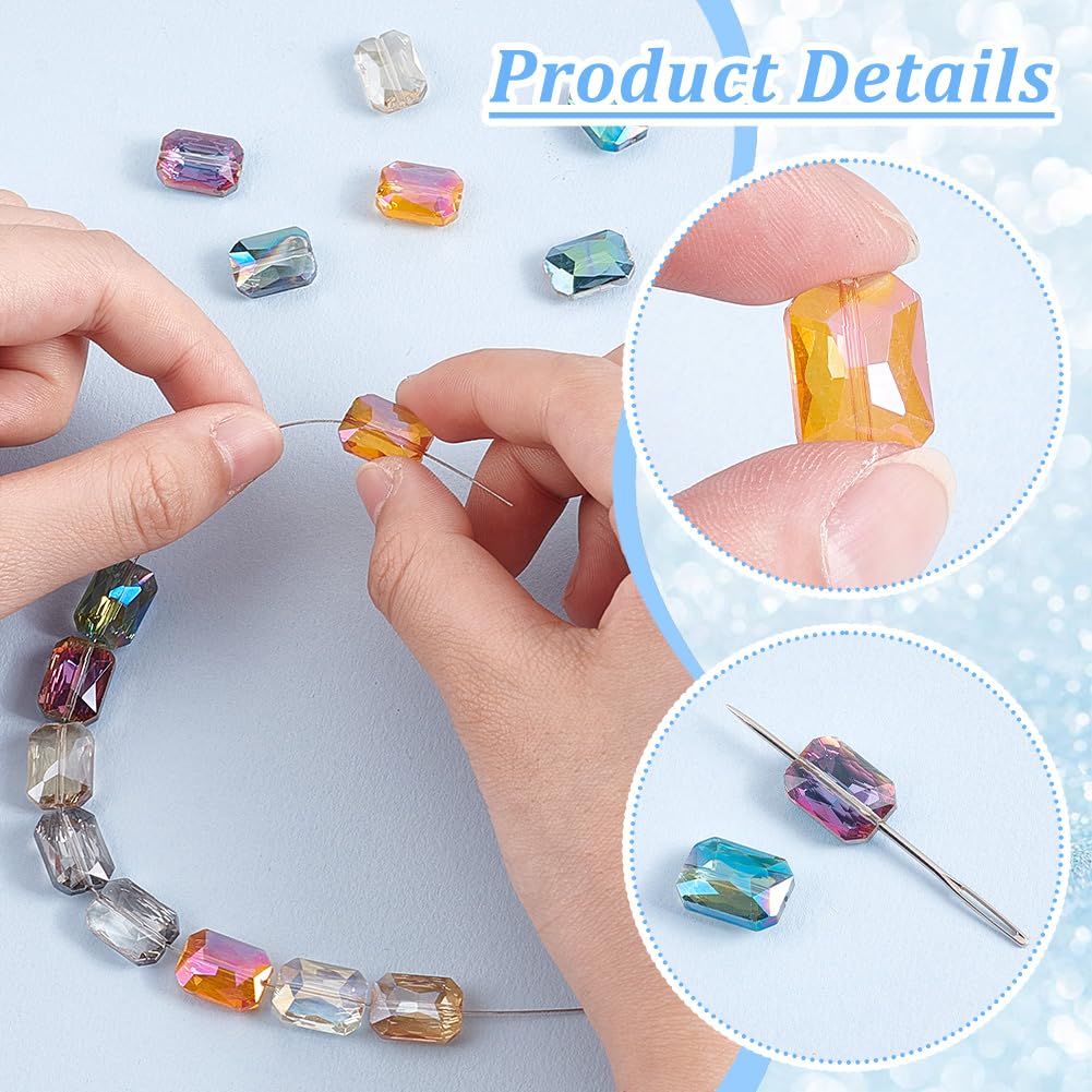 PH PandaHall 120pcs 8 Colors Faceted Glass Beads, 14x10mm Iridescence Flat Beads Rectangle Crystal Bead Large Loose Craft Spacer Bead for DIY Jewelry Bracelet Necklace Earring Keychain Making Crafts