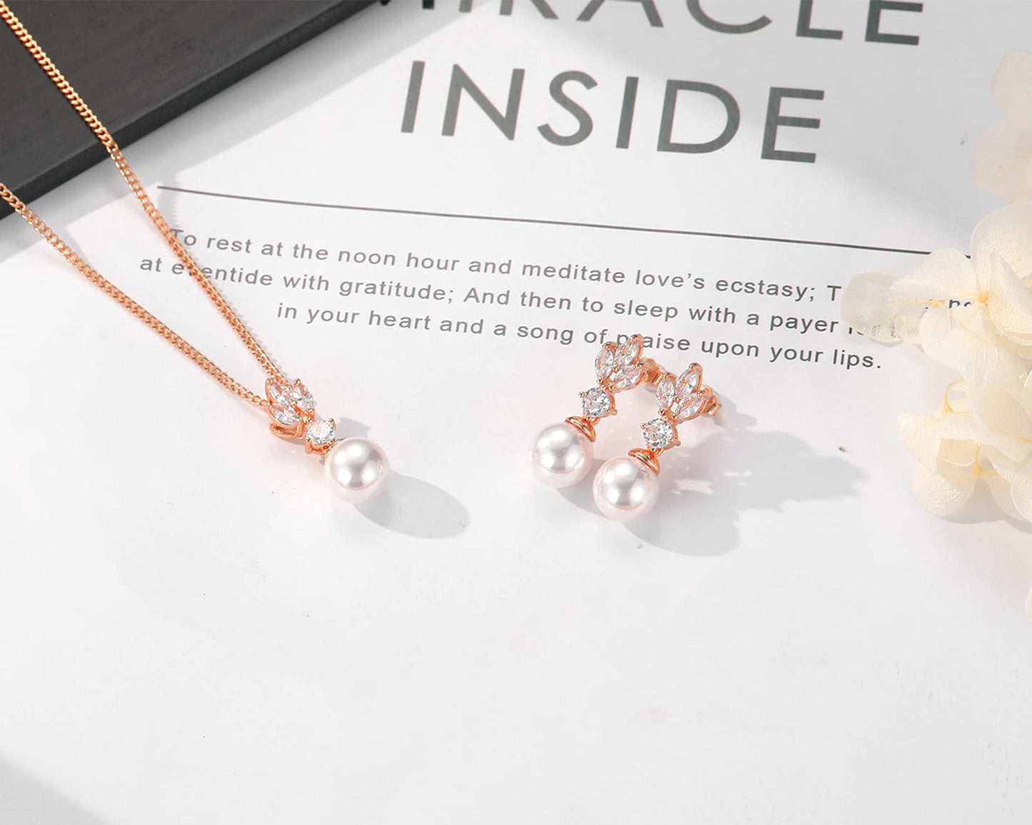 IDASANY Wedding Jewelry for Bride Bridesmaid, Rose Gold Pearl Dangle Earrings and Pendant Necklace Set Bridal Jewelry for Promise Wedding Party, Pack of 2