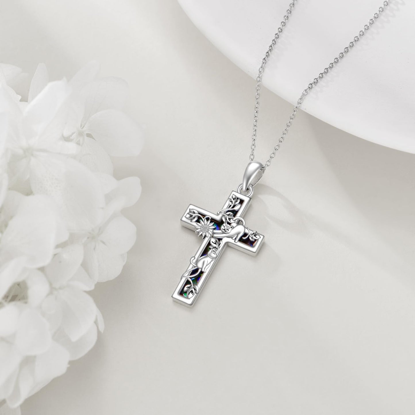 YFN Sunflower Cross Necklace Sterling Silver Cat Cross Pendant Abalone Shell Jewelry Religious Christian Baptism Gifts for Her Women