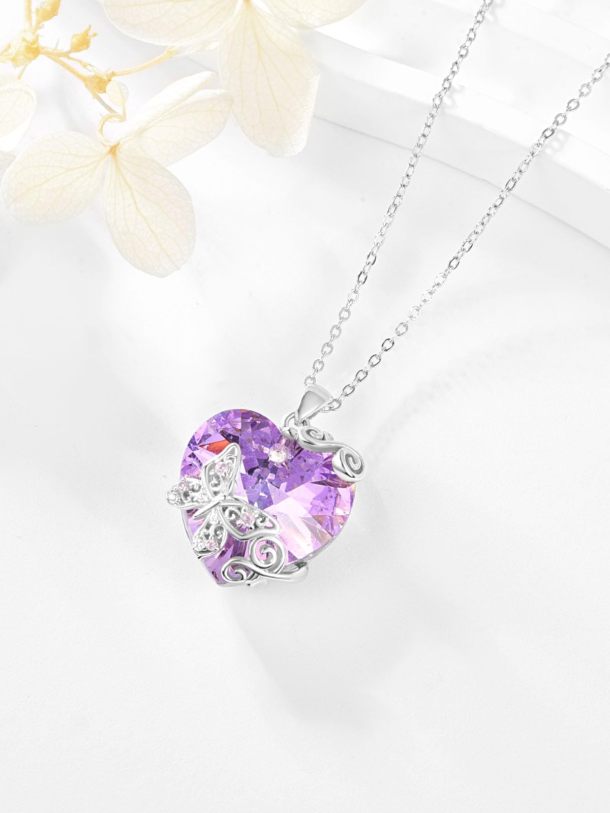 AENEAS Butterfly Necklace 925 Sterling Silver Butterfly Pendant with Love Heart Purple Crystal Butterfly Jewelry Gifts for Lovers Women Wife