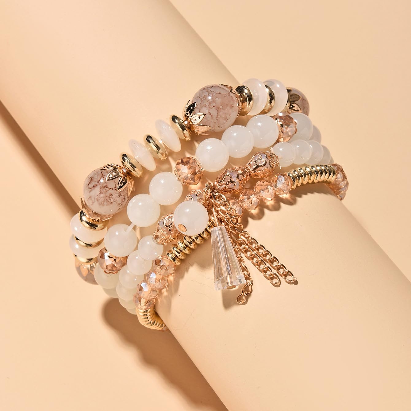 LOTSOF Bohemian Green Jade Stackable Bracelet Set - 4-Layer Stretch Beaded Bracelets with Gold Accents, Boho Jewelry for Women, Fashion Statement Accessory (Gift Ready) (White)