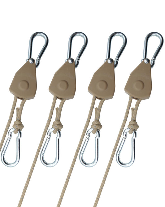 Keovoker 4Pack Retractable Ratchet Tie Down Straps, 13 Ft 1/8” Adjustable Rope Roller, Heavy Duty Ratcheting Pulley System with 2 Carabiner Hook, for Xmars Decor, Hanging Plants, Grow Lights