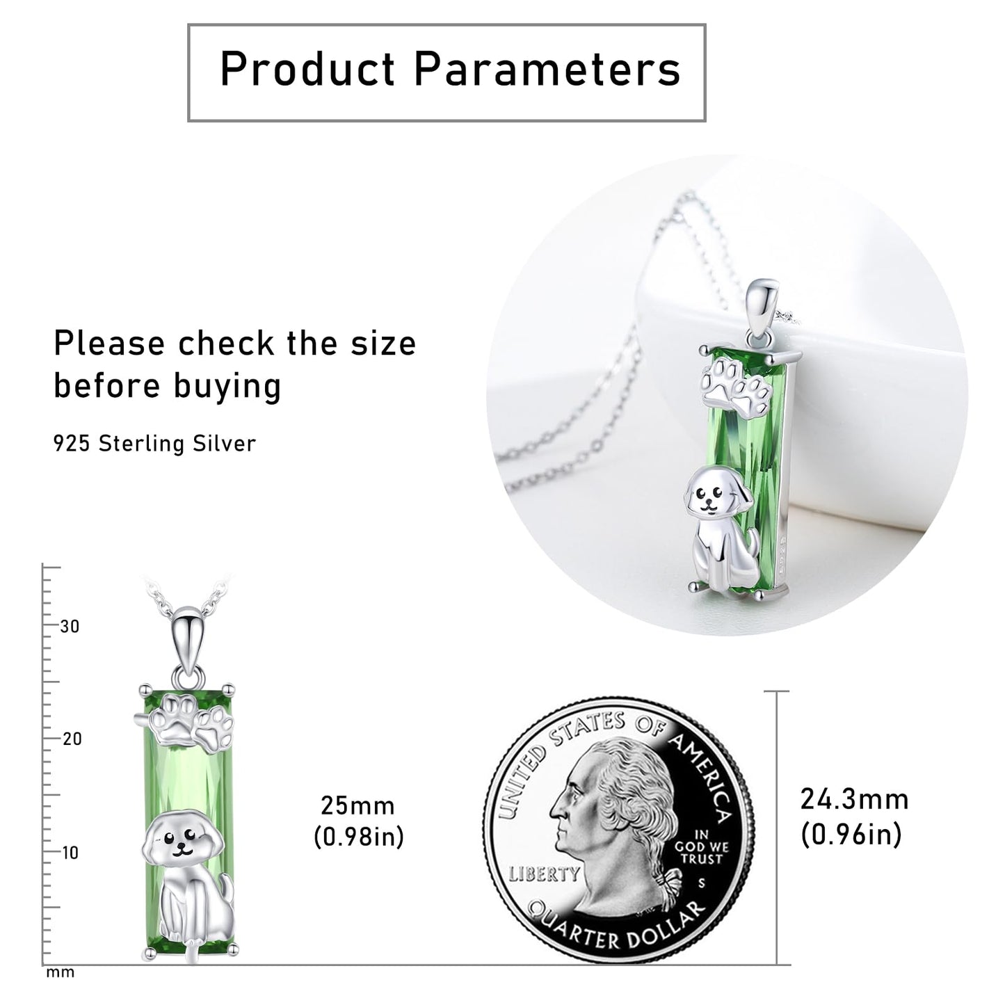 AENEAS Bichon Necklace for Women 925 Sterling Silver Green Crystal Pendant Cute Paw Animal Puppy Bichon Jewelry Gifts for Her Wife