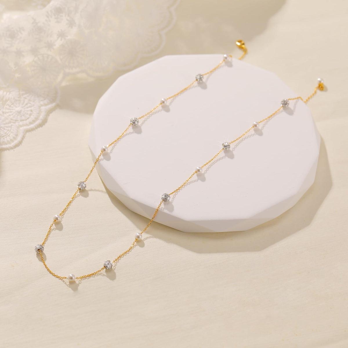 UTISUVIKO Lariat Necklace for Women,Dainty Long 14K Gold Plated Y-Shaped Pearl Necklace 925 Sterling Silver Cubic Zirconia Crystal Ball Sparkle Necklace for Mother Daughter Bride Wedding Jewelry