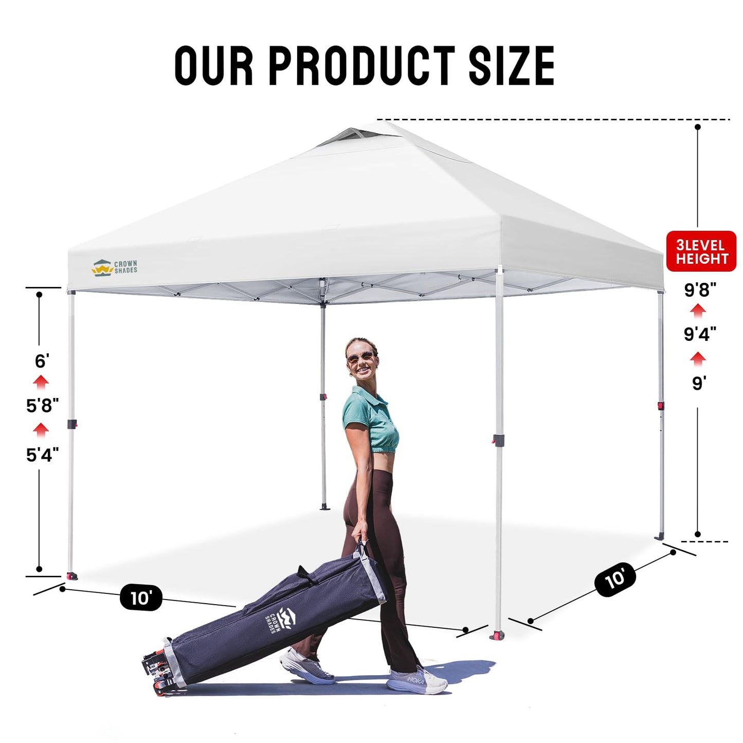 CROWN SHADES 10x10 Pop Up Canopy, Patented Center Lock One Push Tent Canopy, Newly Designed Storage Bag, 8 Stakes, 4 Ropes (10x10, White)