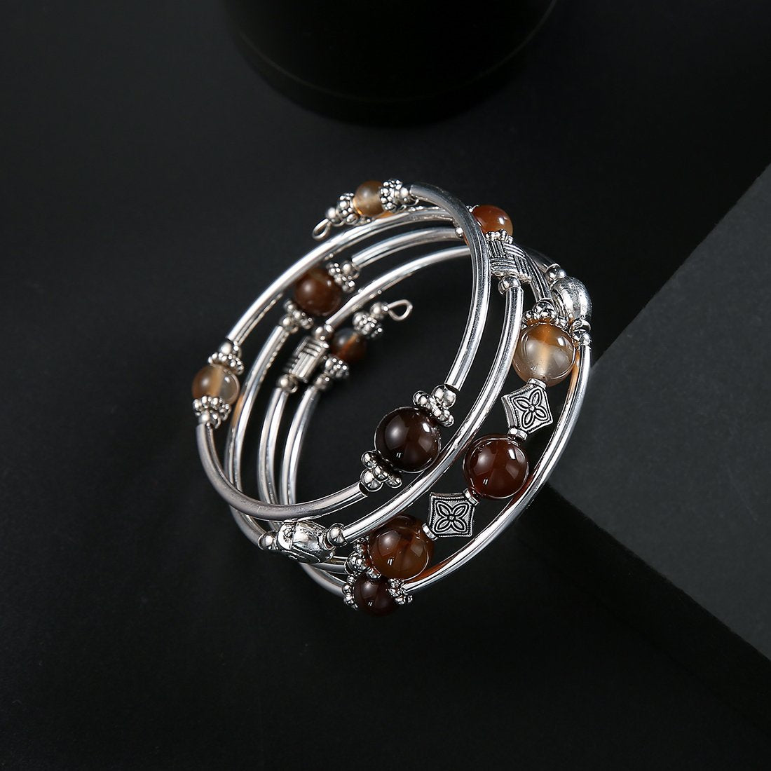 Beaded Pearl Bangle Wrap Bracelet - Fashion Bohemian Jewelry Multilayer Charm Bracelet with Thick Silver Metal Beads, Gift For Women(Brown)