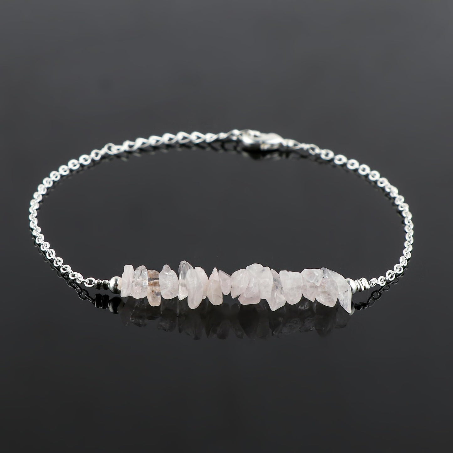 Gemimpression Handmade Rose Quartz Chips Bar Bracelet – Natural Energy Healing Crystals – Silver Plated Adjustable 8 Inch Chain – Christmas Gift