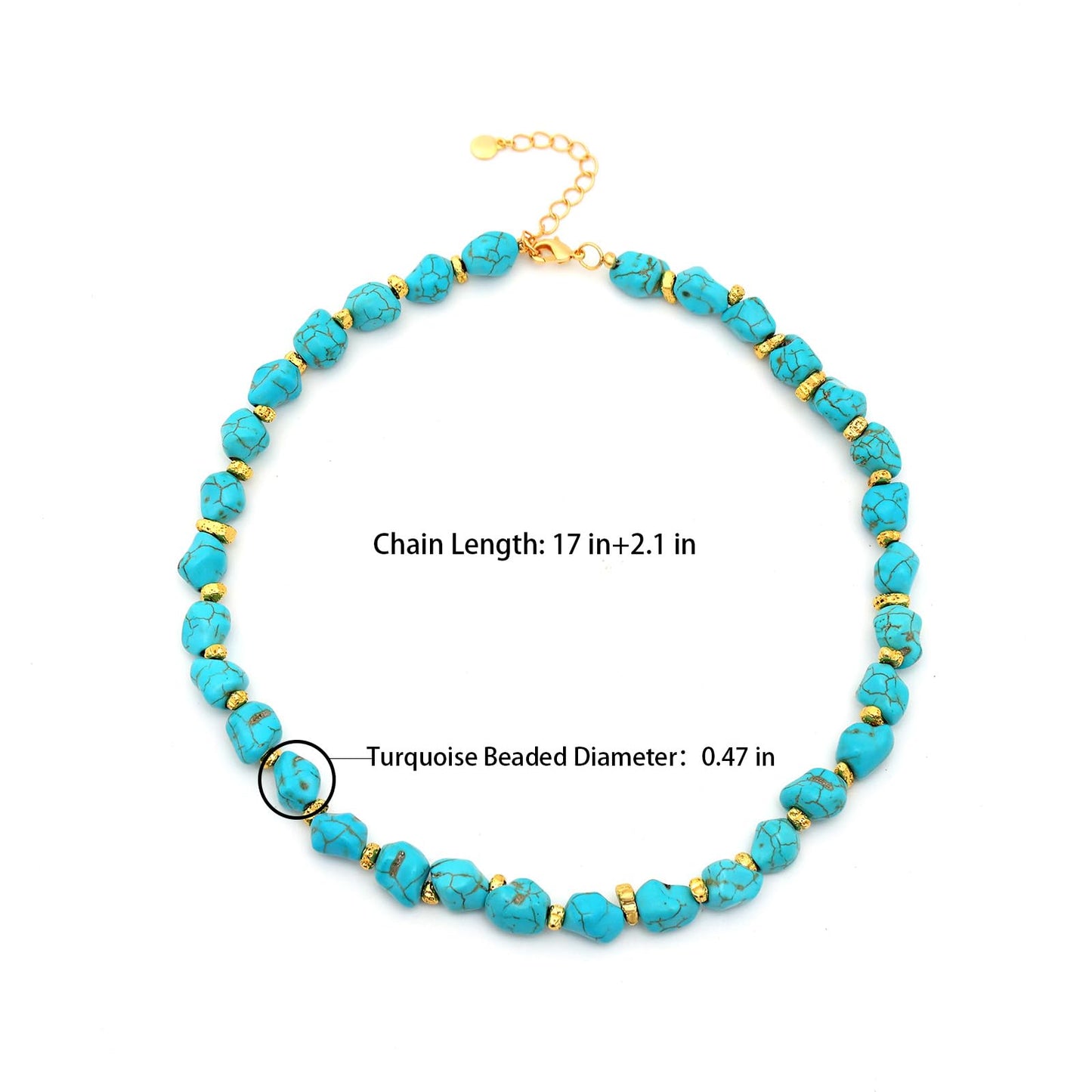 Chunky Turquoise Necklace, 18K Gold Chunky Turquoise Beaded Statement Necklaces for Women Handmade Boho Natural Stone Bohemian Summer Beach Bead Necklace Blue Trendy Western Jewelry 17 Inches