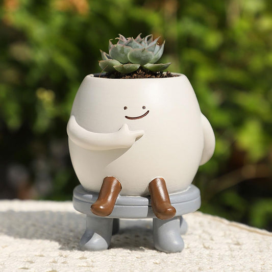 4*3.5 inch Ceramic Super Cute Happy Smiling Face Succulent Planter Pot, Sitting Figure Relax Healing Heart Small Desk Plant Pots, Flower Cactus Indoor Outdoor Garden Decor Drainage Hole-Cool Cool