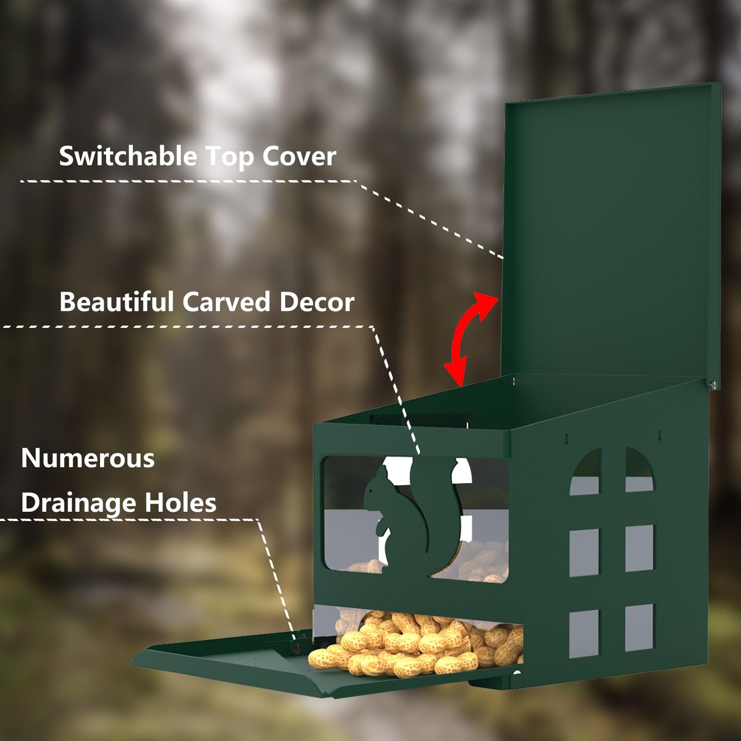 Squirrel Feeder for Outside, Durable Full Metal Squirrel Food Box, Large Capacity Chipmunk Feeder, Weather-Proof Squirrel House, Heavy Duty Squirrel Feeders