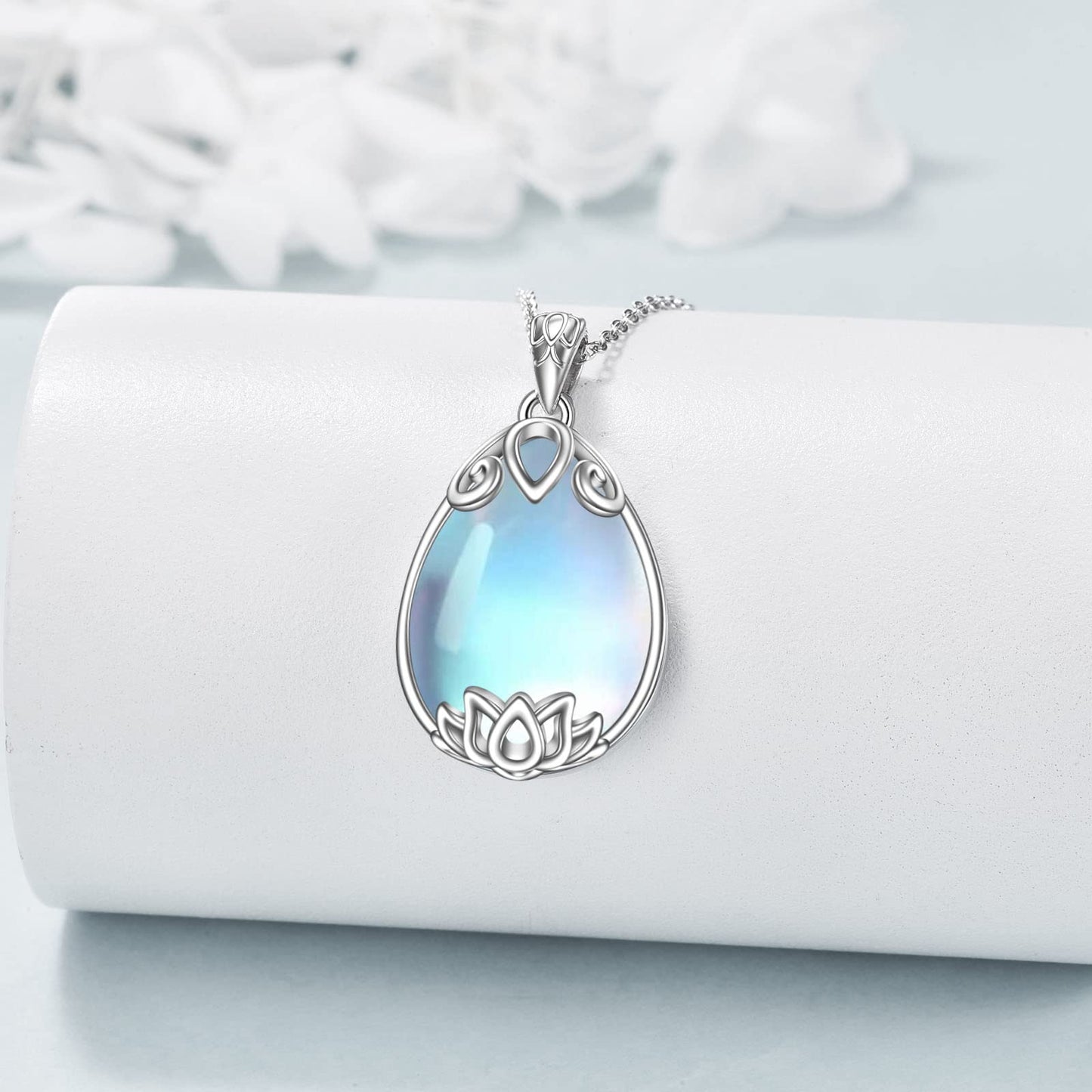 YAFEINI 925 Sterling Silver Moonstone Lotus Necklace Filigree Teardrop Pendant Necklace Jewelry Gift for Women (I-Lotus moonstone necklace)