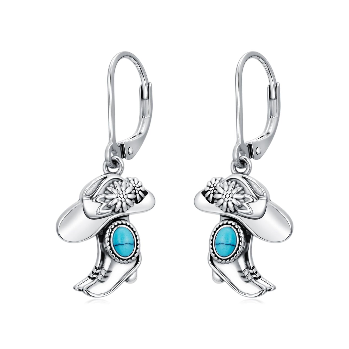 YYmqmq Turquoise Cowboy Boot Earrings 925 Sterling Silver Western Jewelry Cowgirl Hat Dangle Earrings Laverback Country Style Cowgirl Gifts for Women Girlfriend Her