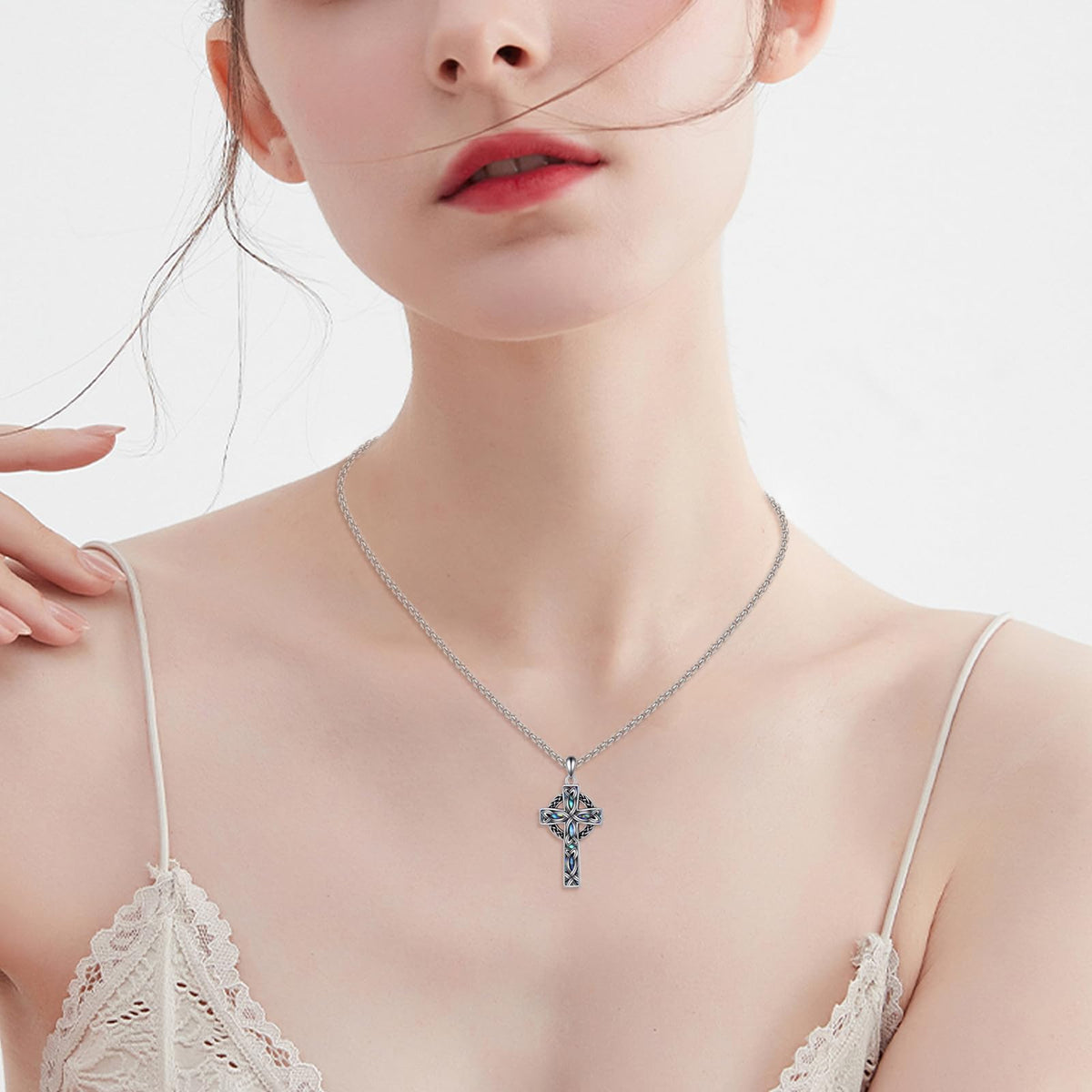 VONALA Celtic Cross Necklace 925 Sterling Silver Abalone Shell Celtic Knot Cross Pendant Necklace Religious Christian Irish Jewelry Gifts for Women Men