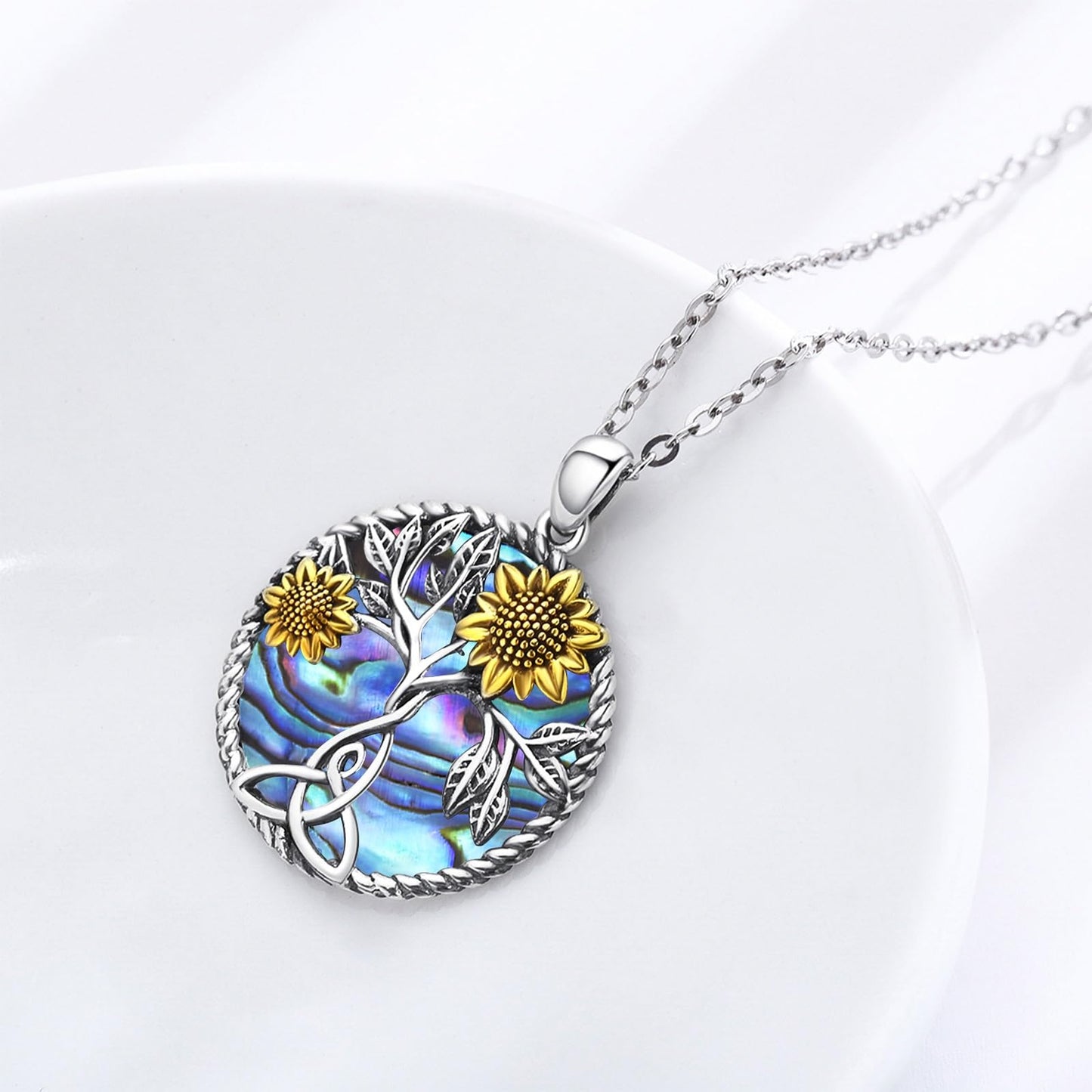 CHENGHONG Sunflower Abalone Necklace 925 Sterling Silver Tree of Life Pendant Necklace You are My Sunshine Sunflower Jewelry Gifts for Women