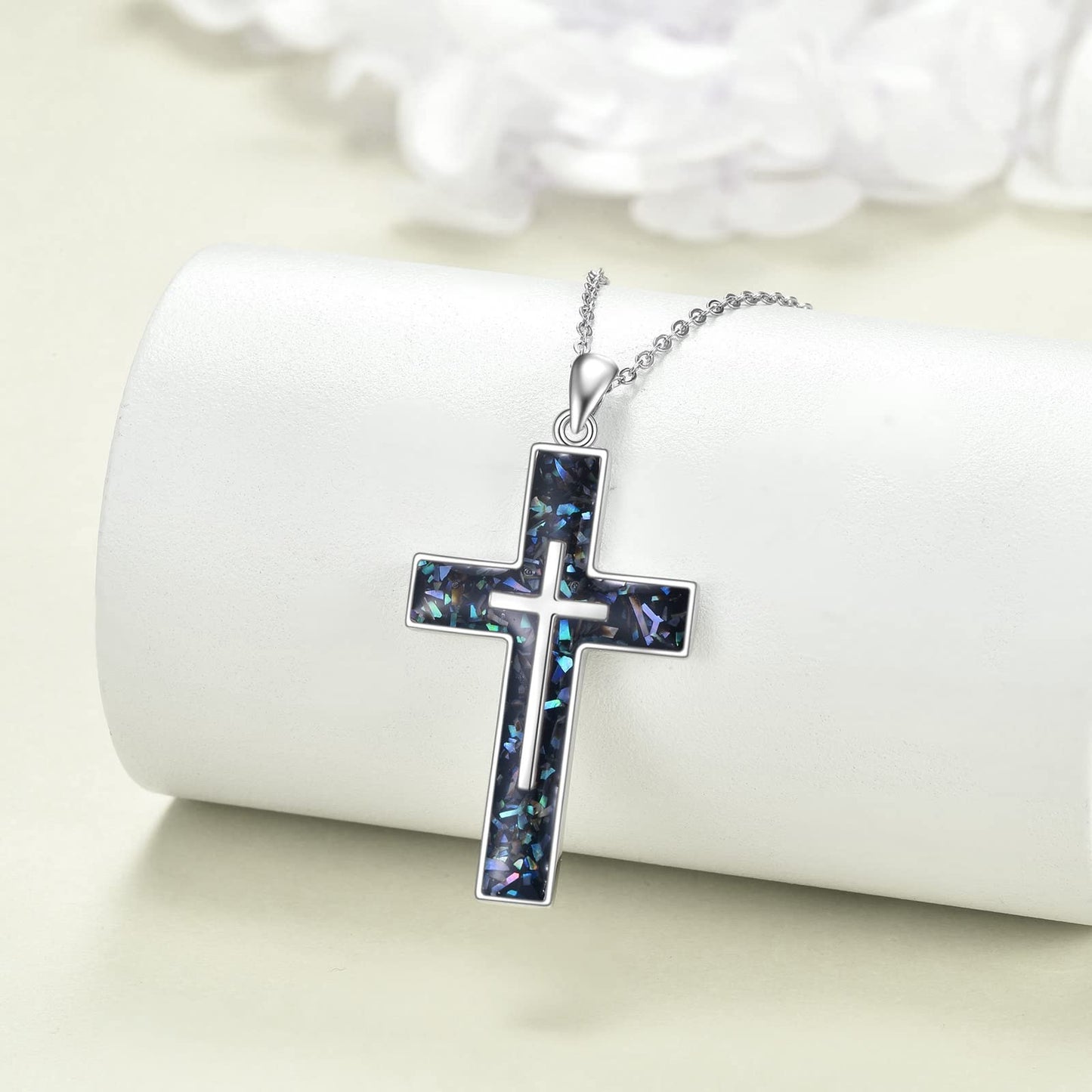 YFN Cross Necklace Sterling Silver Abalone Shell Cross Pendant Religious Jewelry Gifts for Women Men