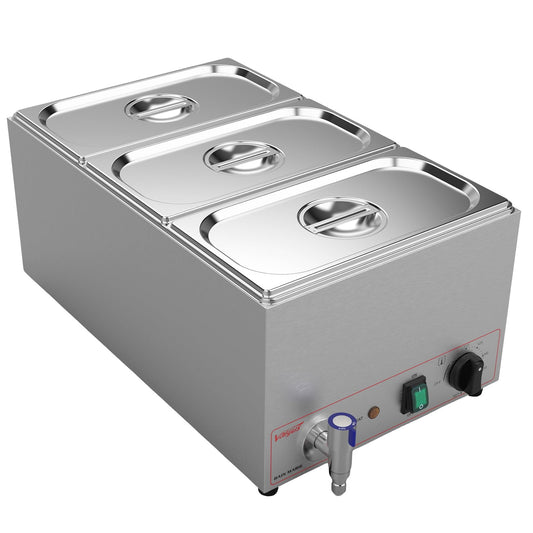 Valgus Commercial Grade Stainless Steel 3 Sections 17 Qt Bain Marie Food Warmers Electric Countertop Steamer with Lid and Tap for Parties, Banquet and Catering Events