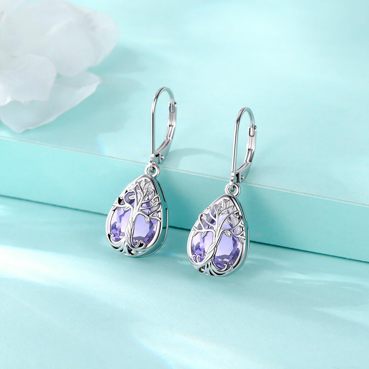 Eusense Tree of Life Earrings 925 Sterling Silver Drop Dangle Earrings with Alexandrite Purple June Birthstone Leverback Tree of Life Jewelry Gift for Women