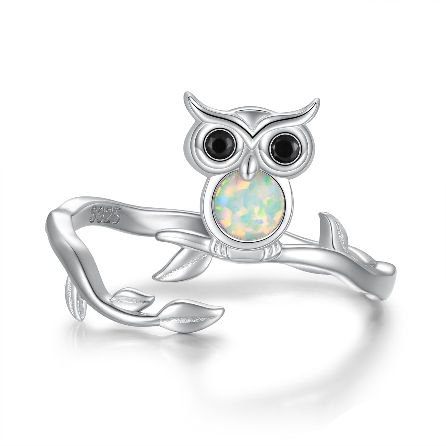 Zepmais 925 Sterling Silver Animal Ring - Adjustable Open Owl Axolotl Rings with Heart Cubic Zirconia Opal Cute Animals Jewelry Gifts for Women (Owl Ring)