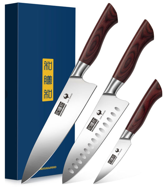 HOSHANHO 3-Piece Kitchen Knife Set, Ultra Sharp Chef/Santoku/Paring Knives,Professional High Carbon Steel Knives with Ergonomic Handle, Ideal Cooking Gift Set