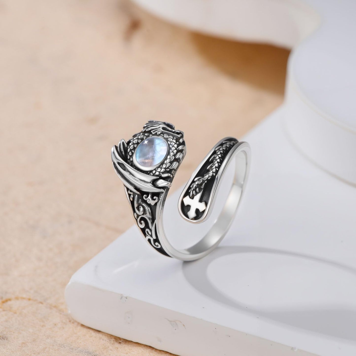 Midari Moonstone Dragon Spoon Rings for Women 925 Sterling Silver Adjustable Dragon Moonstone Rings Abalone Open Spoon Thumb Rings Dragon Jewelry for Women Men Birthday Christmas Gifts