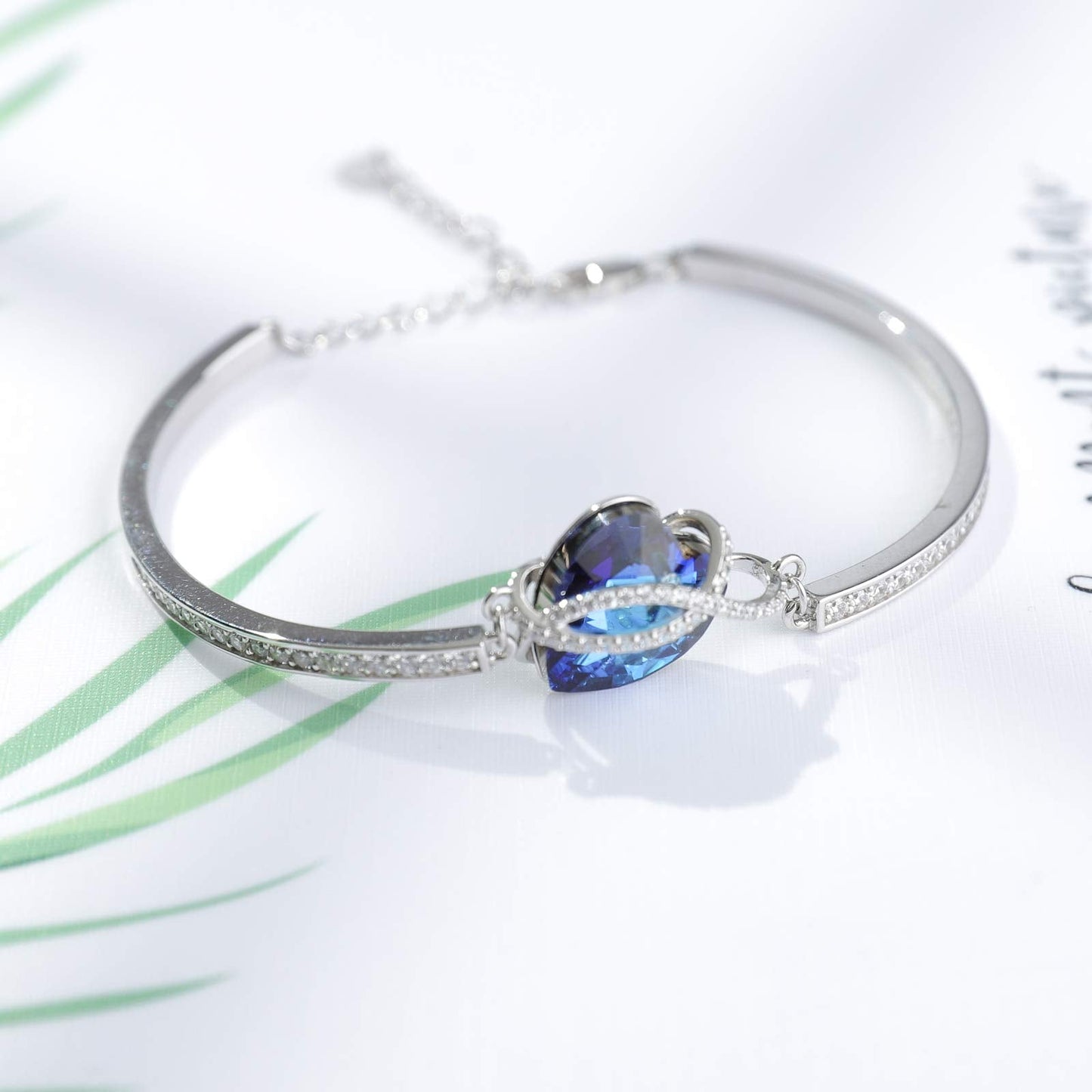 AOBOCO Infinity Heart Bangle Bracelet Sterling Silver I Love You Women Bracelet Embellished with Blue Crystals from Austria, Fine Anniversary Birthday Jewelry Gifts for Women Wife Girlfriend Daughter
