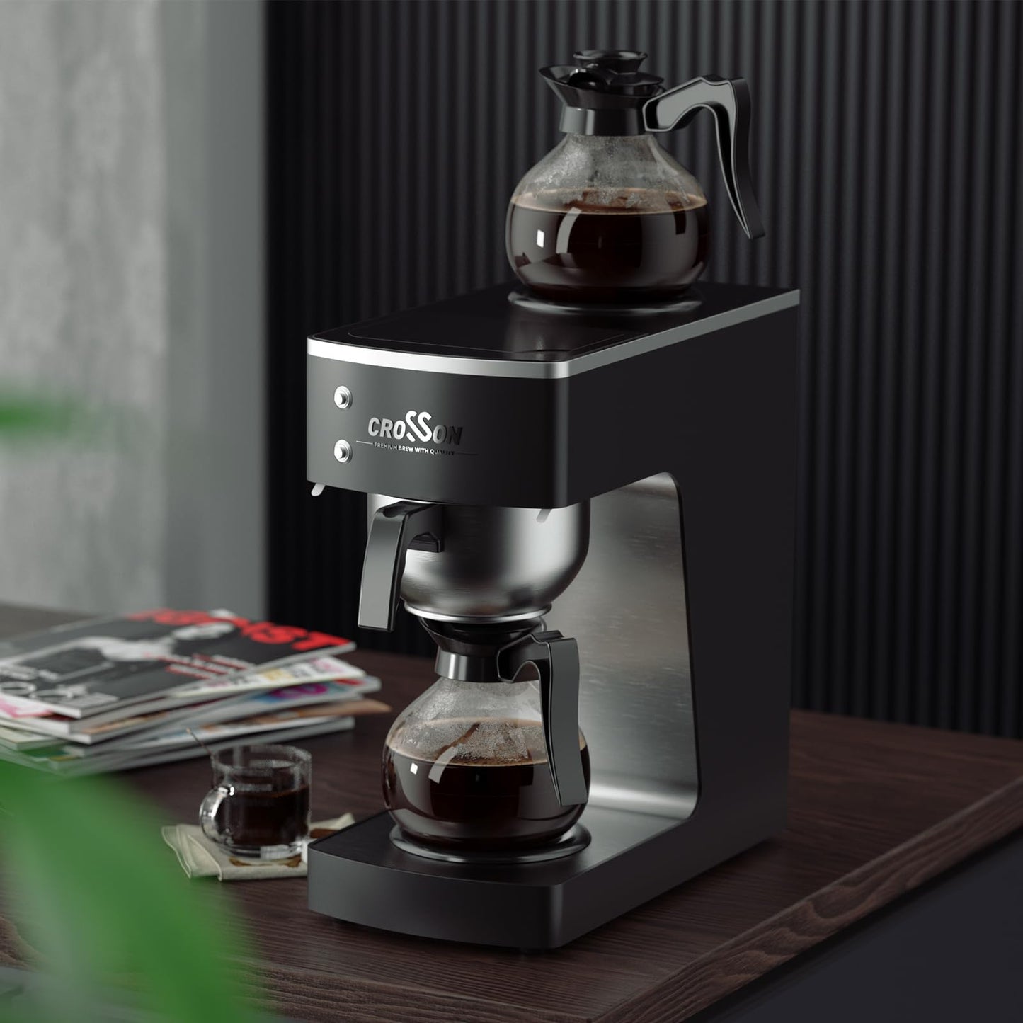 crosson 12 Cup Commercial Drip Coffee Brewer with Upper and Lower Warmer & 2 Glass Decanter,Pour Over Coffee Maker with Easy Clean Fingerprint Free Housing and 304 Stainless Steel Funnel