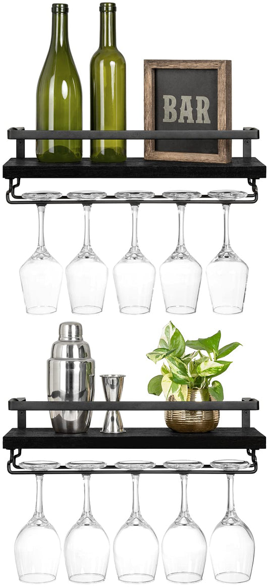 Mkono Wall Mounted Wine Rack Set of 2 Wood Shelf Rustic Wine Bottle Glass Floating Shelves with Stemware Hanger Modern Plants Photos Wine Display Storage Holder for Kitchen Dining Room Bar, Black