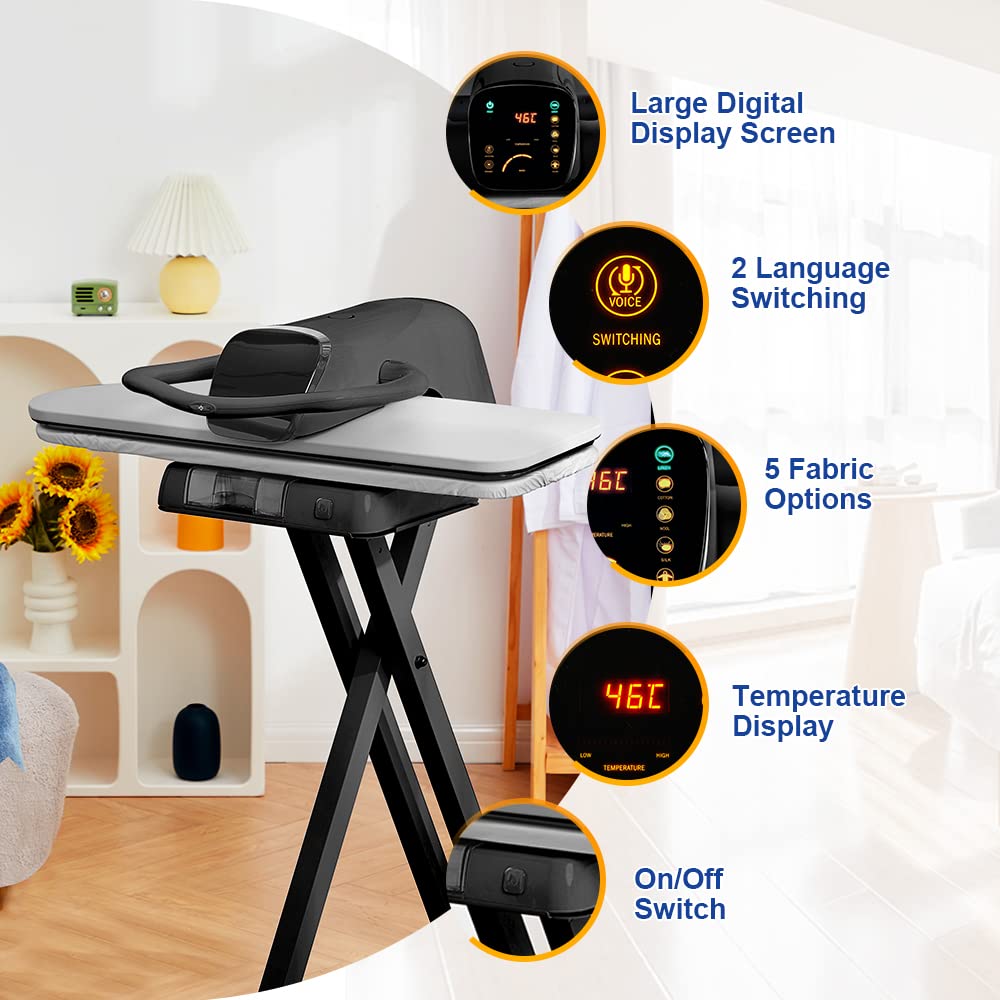 34" Large Steam Iron Press with LED Touch Screen, 1800W Steam Press with 5 Fabric Settings Language Conversion and Voice Prompts, Iron Press with Spray Bottle and Press Pad for Home Business